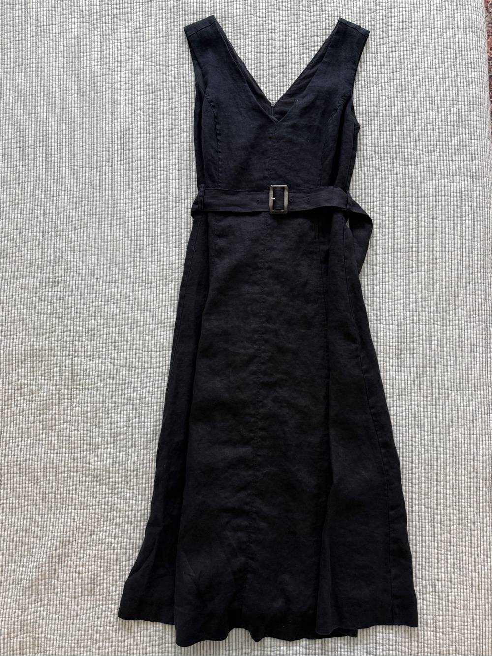 Mango Black V-Neck Linen Dress with Belt